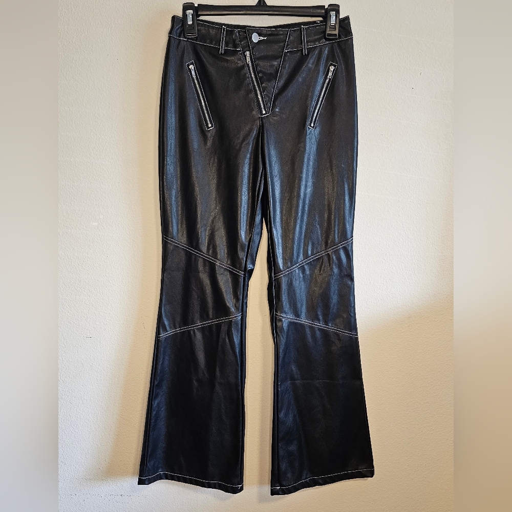 Nasty Gal Pleather Zipper Black Bell Bottom Jeans- S